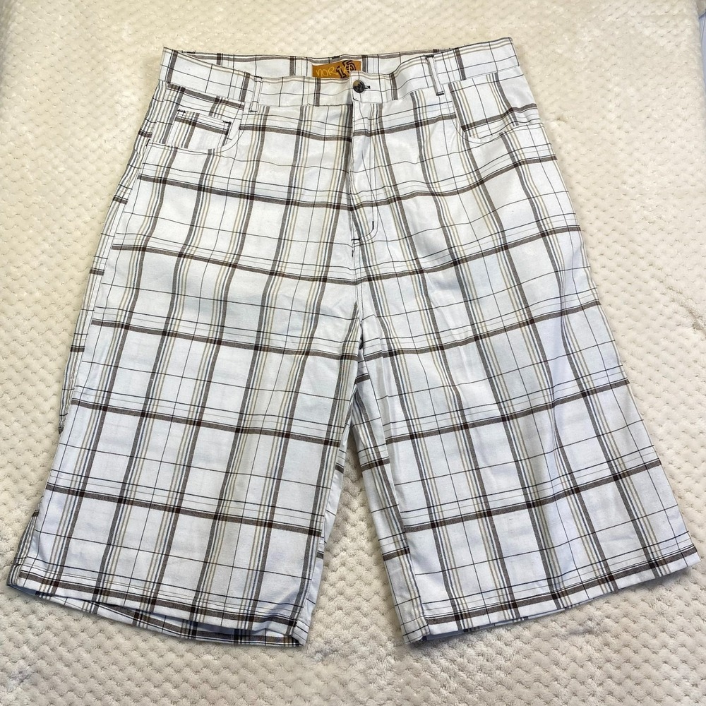 North 15 Mens Plaid Shorts 40 White Brown Flat Front Skater Hip Hop 4123-WHITE